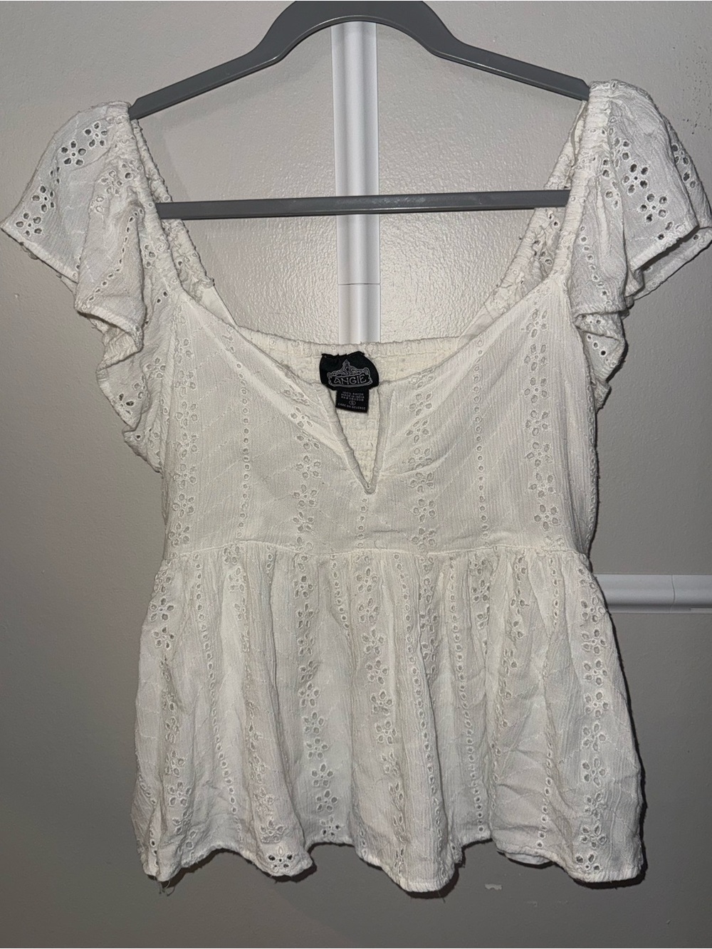 Angie White Eyelet Peplum Flutter Sleeve Top